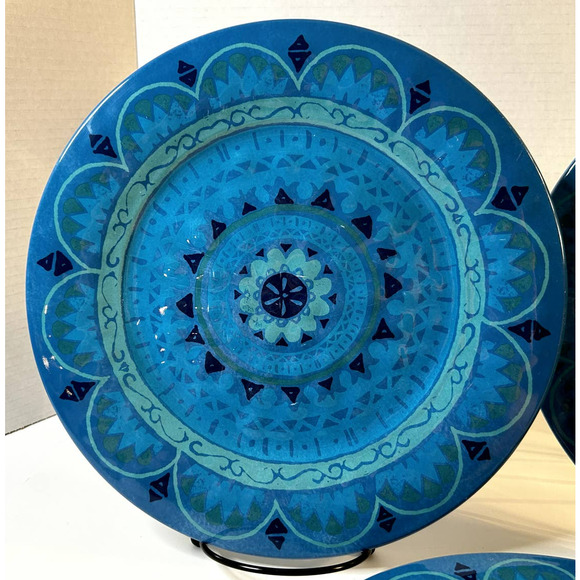 IL Mulino New York Set Of (5) 100% Melamine Turquoise Blue Abstract Print Plates - Picture 2 of 10
